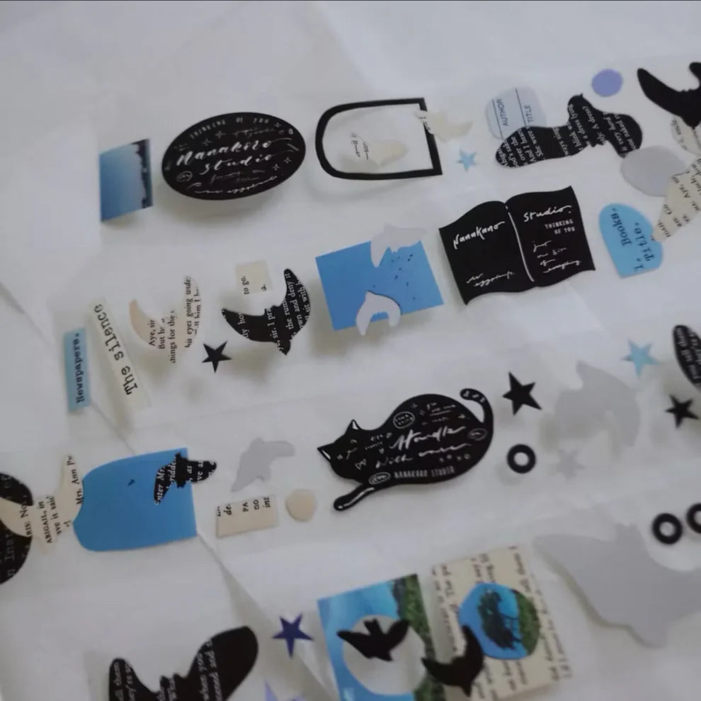 Collection of black and blue Papers Birds PET Tape sticker designs on a white background