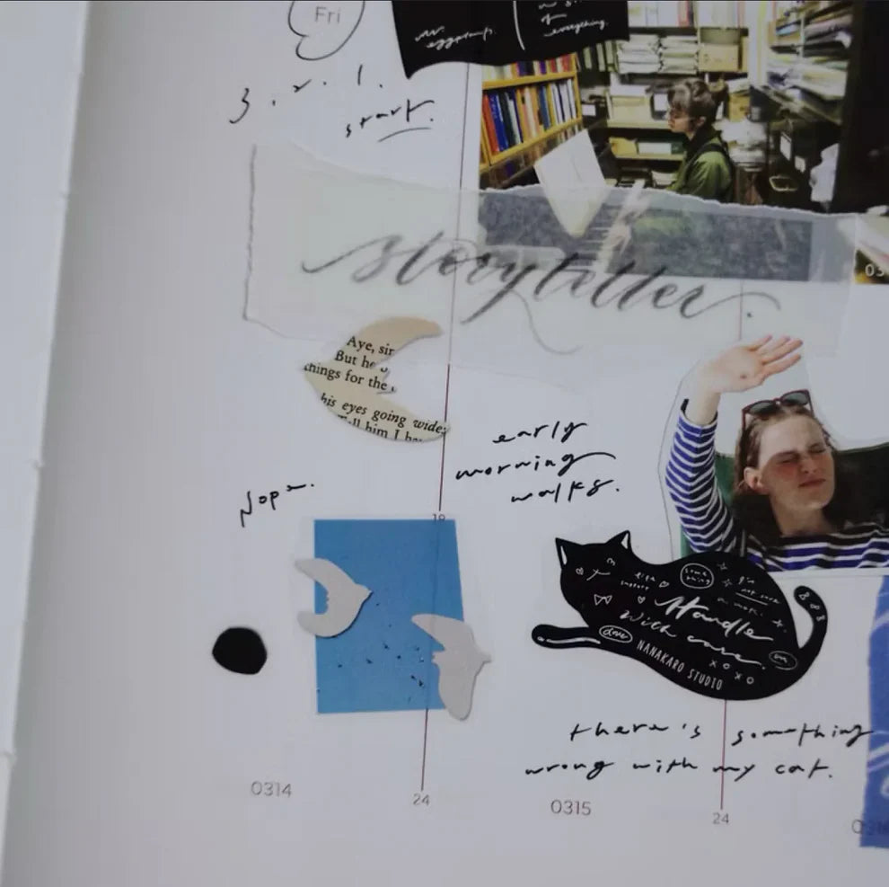 Papers Birds PET Tape collage with text, images and a figure in a book-filled room
