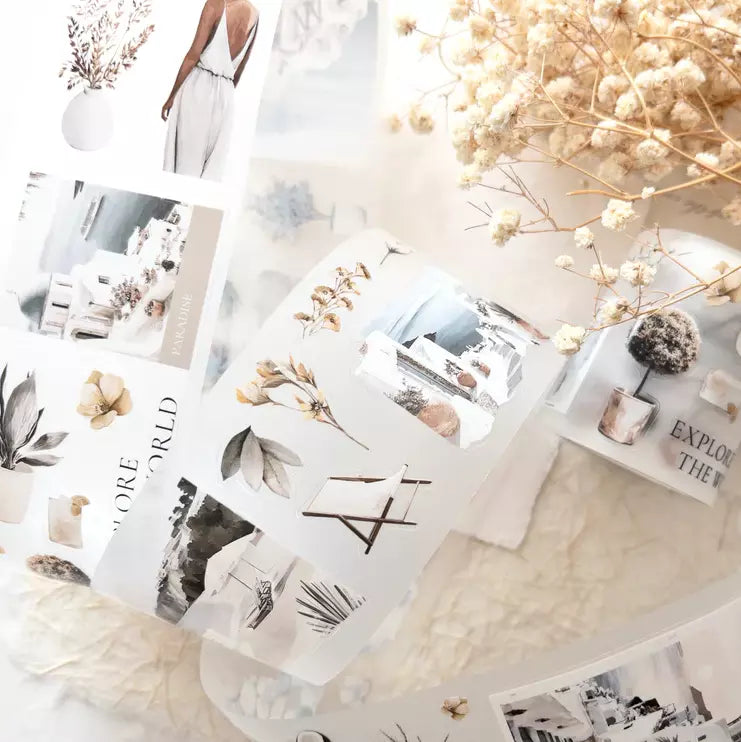 Paradise PET Tape collage of scenic nature photo sticker designs on a white surface