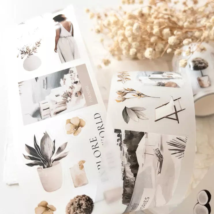 Paradise PET Tape nature photo collage elements on a white background, top view, styled detail view