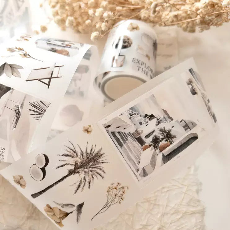 Paradise PET Tape prints artfully styled with a mug and dried flowers on a light surface