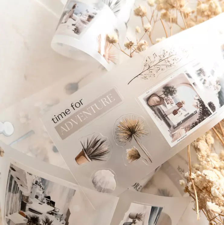 Paradise PET Tape cards with time for adventure text surrounded by dried plants, styled detail view