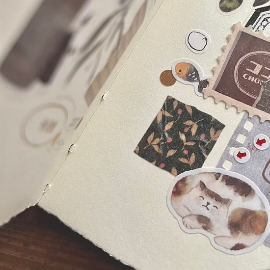Patchwork Die Cut Washi Tape scrapbook page with floral samples and Japanese text in brown