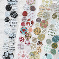 Colorful circular washi tape stickers sheet with floral, geometric, and nature-inspired patterns in soft pastel tones