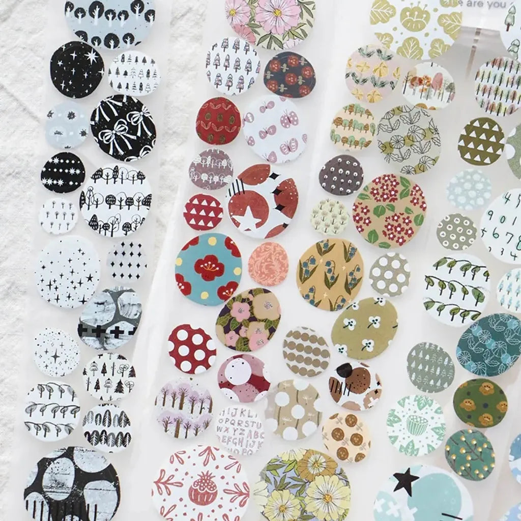Pebble Die-Cutting PET Tape sheet of circular pastel floral and geometric stickers