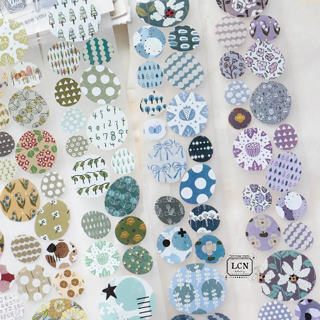 Pebble Die-Cutting PET Tape round stickers in vintage, botanical and geometric prints