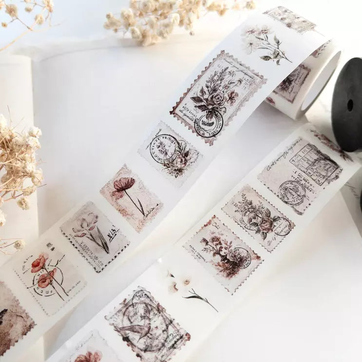 Penny Post Washi Tape floral and vintage postage designs laid out on a white surface