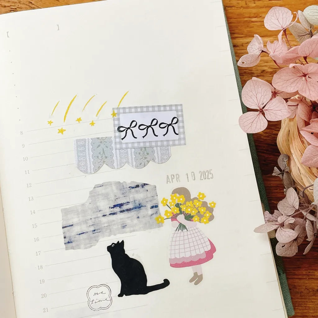 Petite Romance Cut PET Tape pastel girls, cat and stars with good day text on fabric