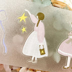 Full view of PET tape sheet with multiple pastel illustrations including girls, cats, stars, trees, and quotes.