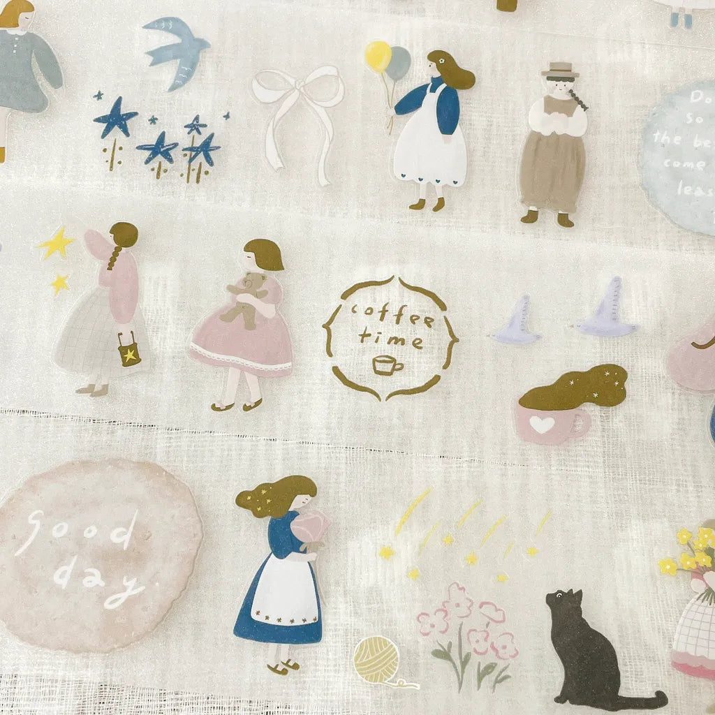 Scrapbook page decorated with blue dress girl sticker and star elements, mixed media journaling style.