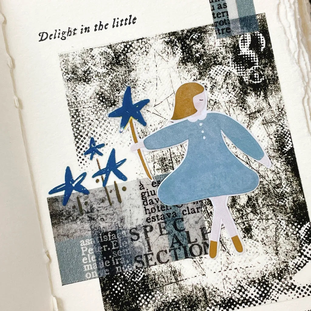 Petite Romance sticker of a girl in a blue dress holding a star wand on frosted tape