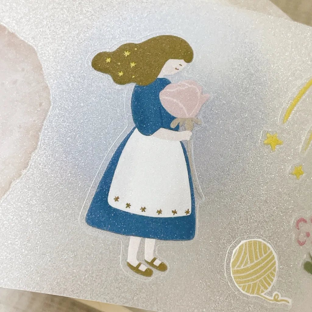 Petite Romance Cut PET Tape girl in a yellow dress holding a cat among pastel stars