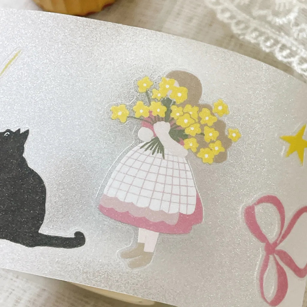 Two Petite Romance stickers, a girl holding balloons and a vintage-style boy in a hat
