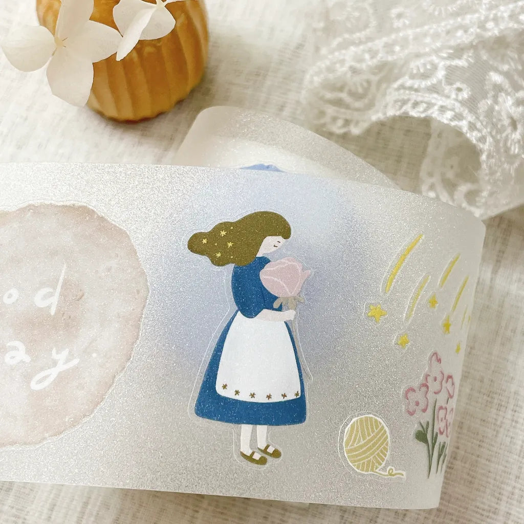 PET tape design featuring girl holding a rose with flowing hair and tiny stars, dreamy pastel style.