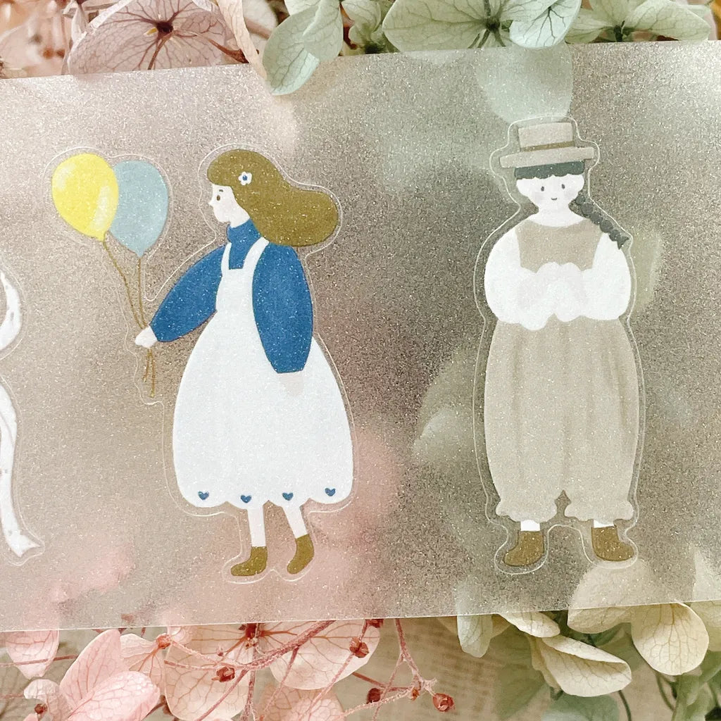 Cute illustration of a girl holding a bouquet of yellow flowers on translucent sticker tape with soft texture.