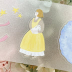 Close-up of girl holding pink flower bouquet with yarn ball and stars on aesthetic PET tape.