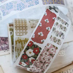 Assorted matte PET tape sticker sheets with floral, geometric, and alphabet designs in soft pastel and earthy tones