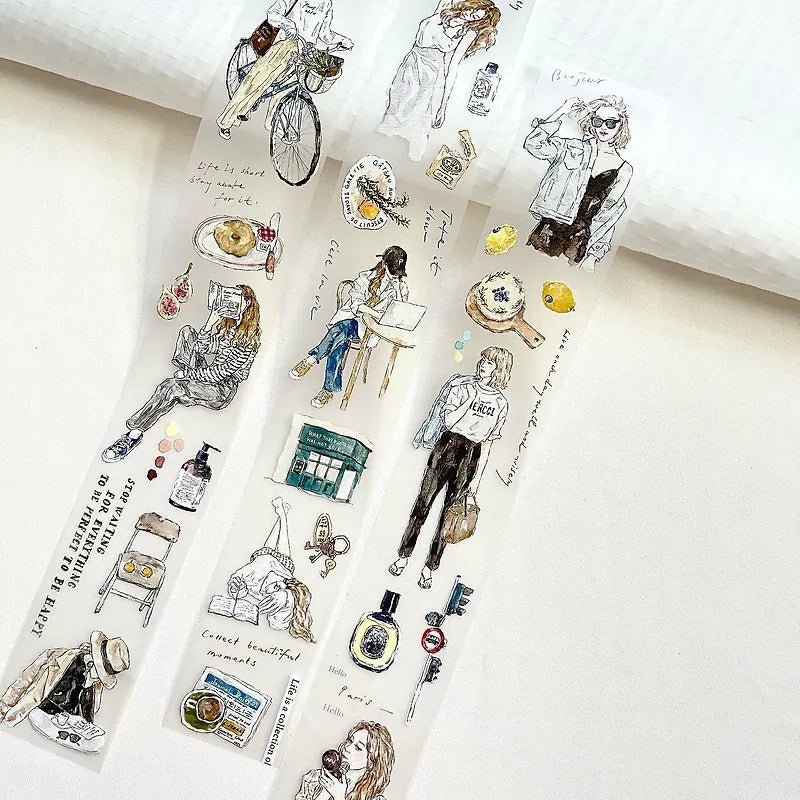 Assorted Chill V.1 Matte PET Tape figure stickers arranged on a white background, top view