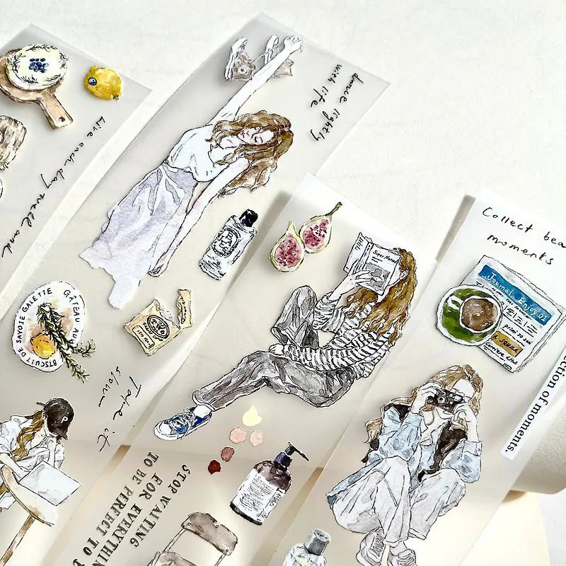 Chill V.1 Matte PET Tape illustrated people and object designs laid on a white background