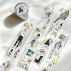 Set of illustrated stickers featuring people and objects on a white surface with a candle.