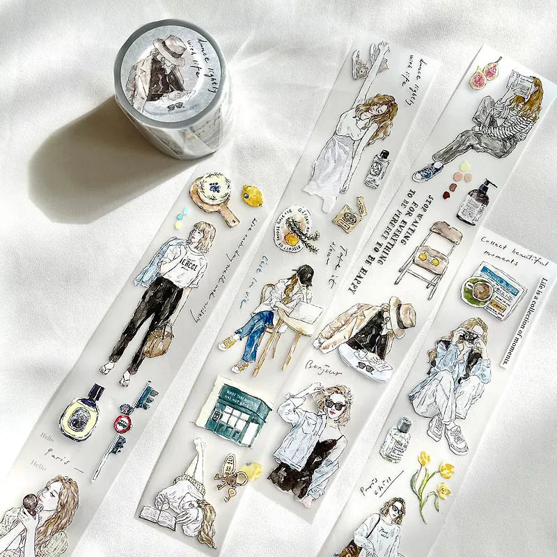 Chill V.1 Matte PET Tape by Pion with figure and object stickers styled beside a candle