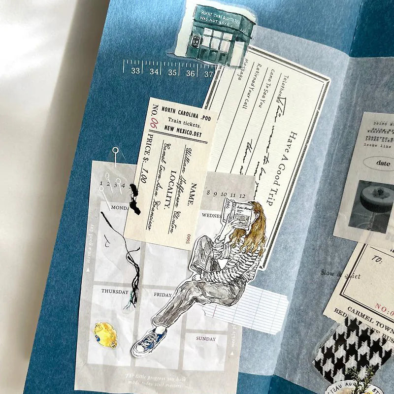 Chill V.2 Matte PET Tape vintage newspaper-style clippings collaged on a textured blue backdrop