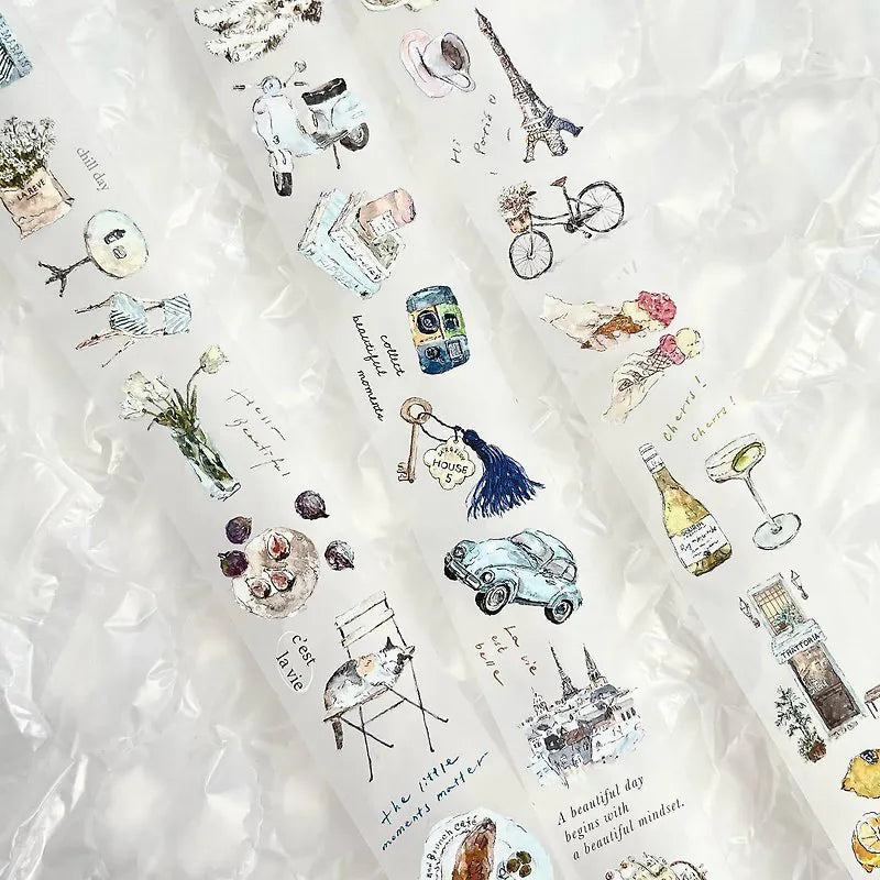 Chill V.2 Matte PET Tape by Pion with assorted deco designs laid on a textured white background