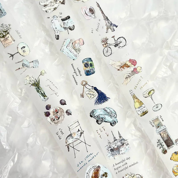 Chill V.2 Matte PET Tape by Pion with assorted deco designs laid on a textured white background