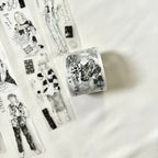 Black and white washi tape rolls with illustrations on a white background