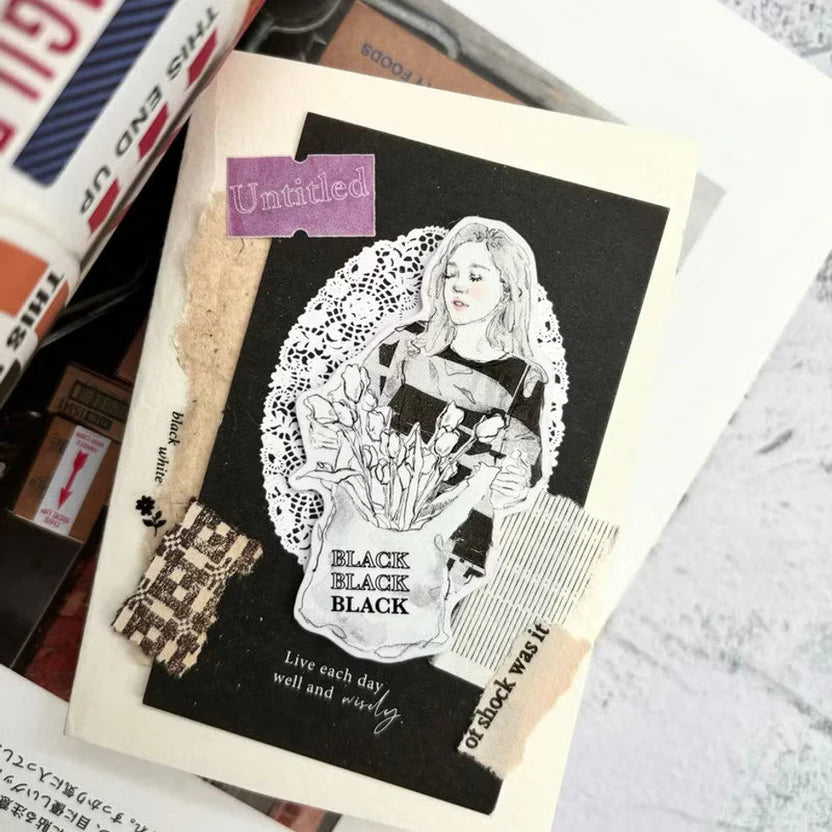 Notebook decorated with a Black Matte PET Tape woman-with-flowers illustration, styled with books