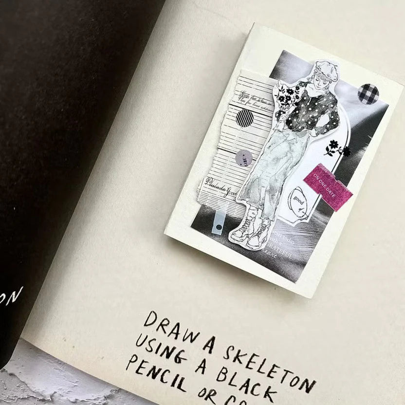 Black Matte PET Tape skeleton illustration applied to paper with printed text, artistic detail