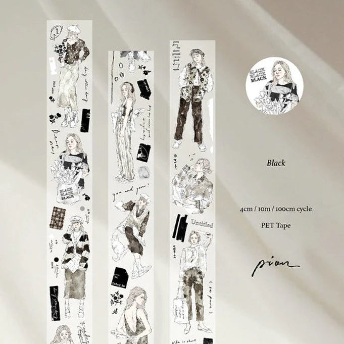 Three vertical strips of Black Matte PET Tape monochrome artwork with Pion branding on light grey