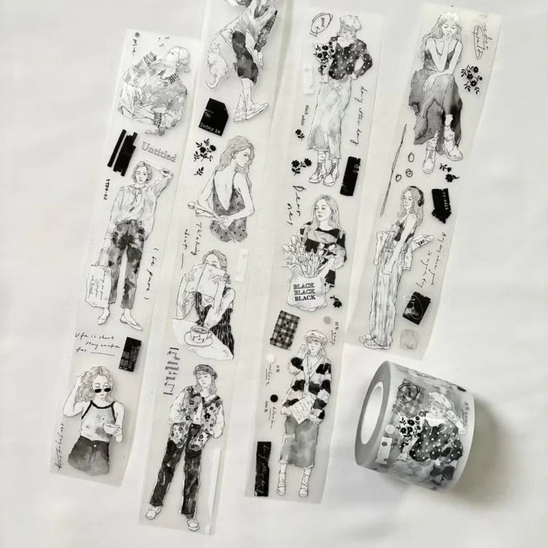 Black Matte PET Tape by Pion with black and white illustration designs laid on a white background