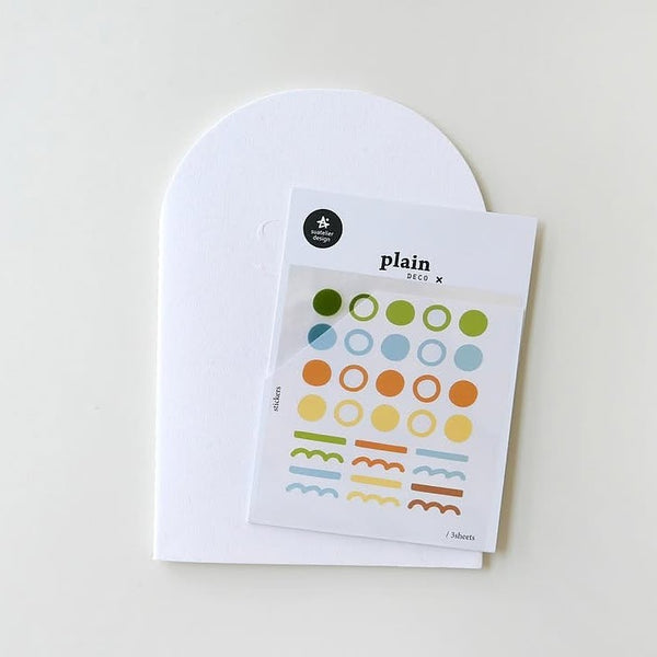 Plain 67 Sticker Sheet by Suatelier, colourful circle and wavy line stickers on a white card