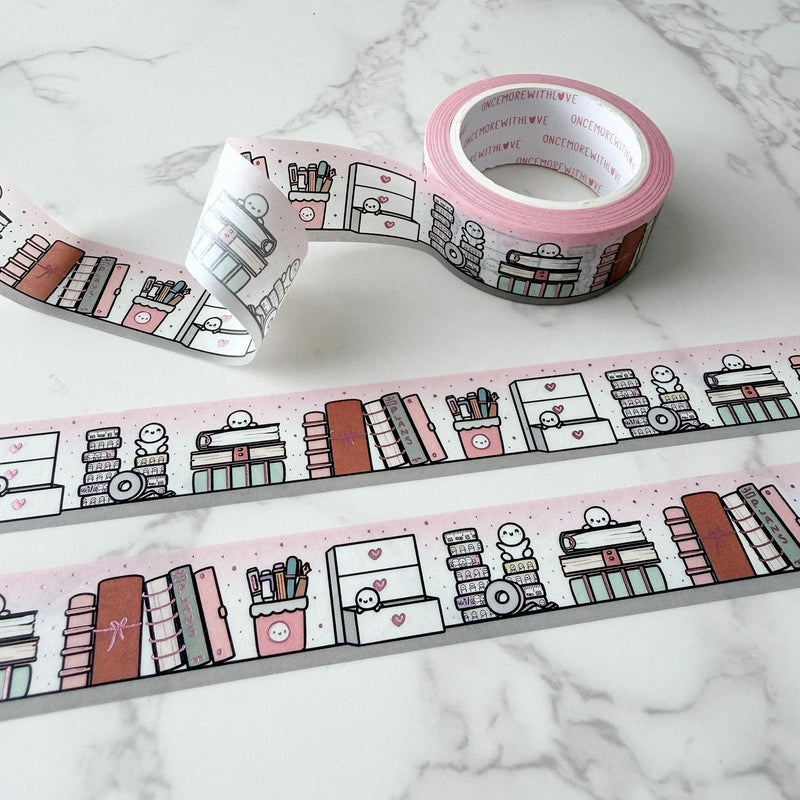 Planner Shelf 3.0 Washi Tape by OnceMoreWithLove, 18mm cozy planner shelf roll with pink foil