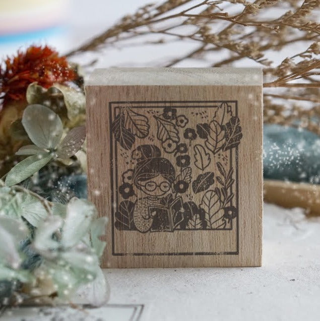 Girl Reading Rubber Stamp from the Polaroid Series with a book-lover scene in a snapshot frame