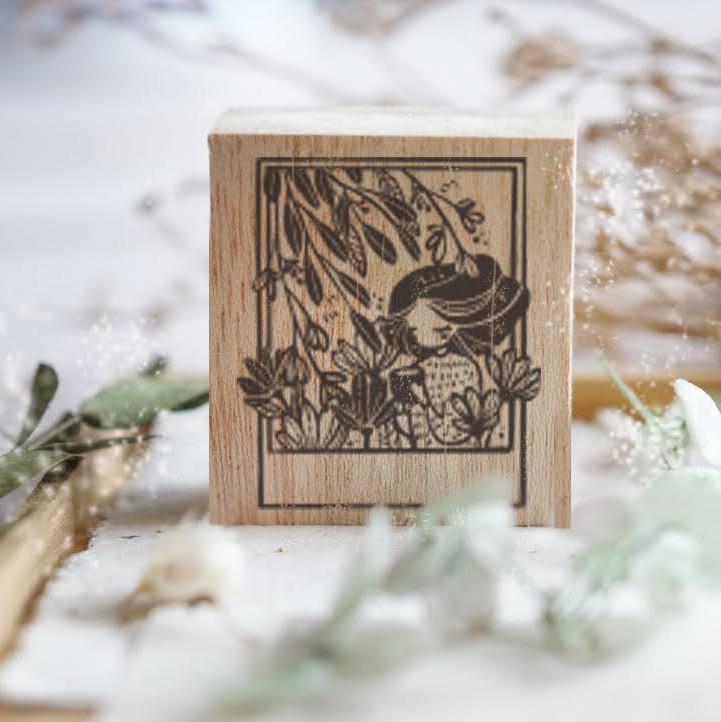 Girl with a Cuppa Rubber Stamp from the Polaroid Series showing a cozy tea moment in a frame