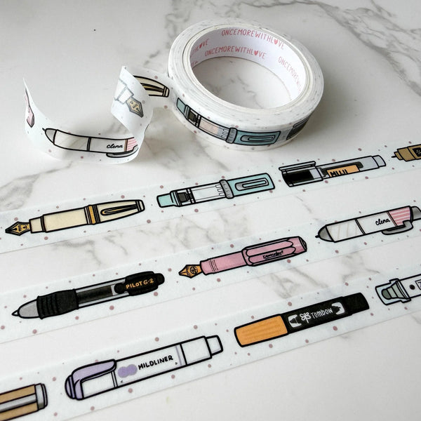 Popular Pens Washi Tape by OnceMoreWithLove, 10mm roll of adorable stationery pen illustrations