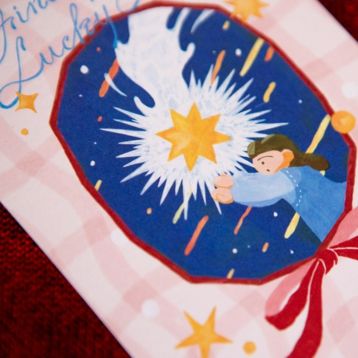 Illustration of a child holding a star with a blue background on a card.