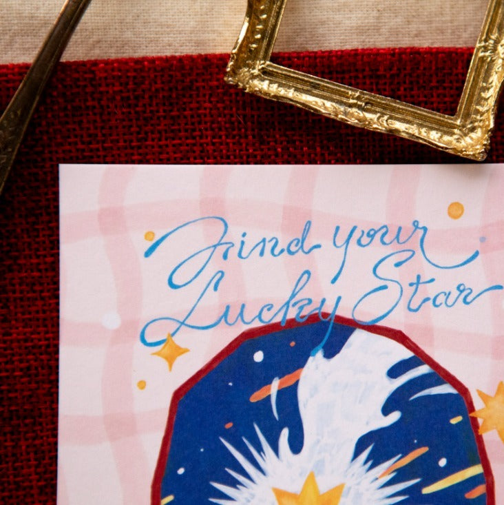 Wish Post Card by OURS Studio — 'find your lucky star' postcard with gold and red frame, for journaling
