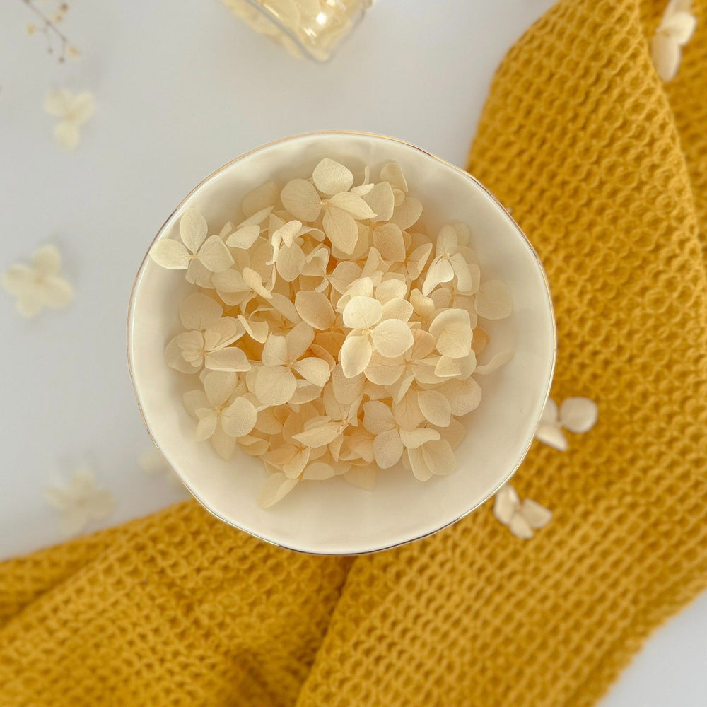 Small white bowl filled with light-colored petals on a yellow textured fabric background.