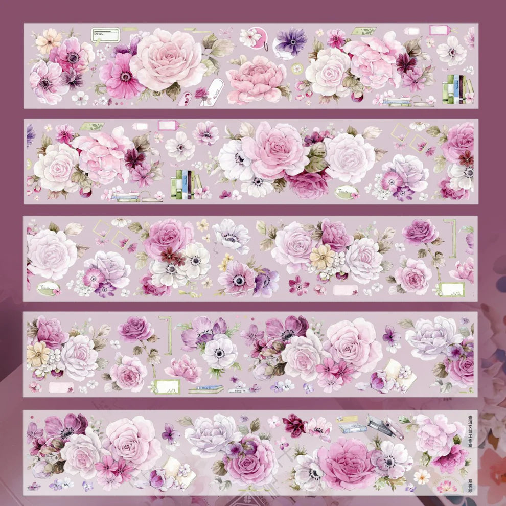 Set of floral border stickers with pink and white flowers on a purple background