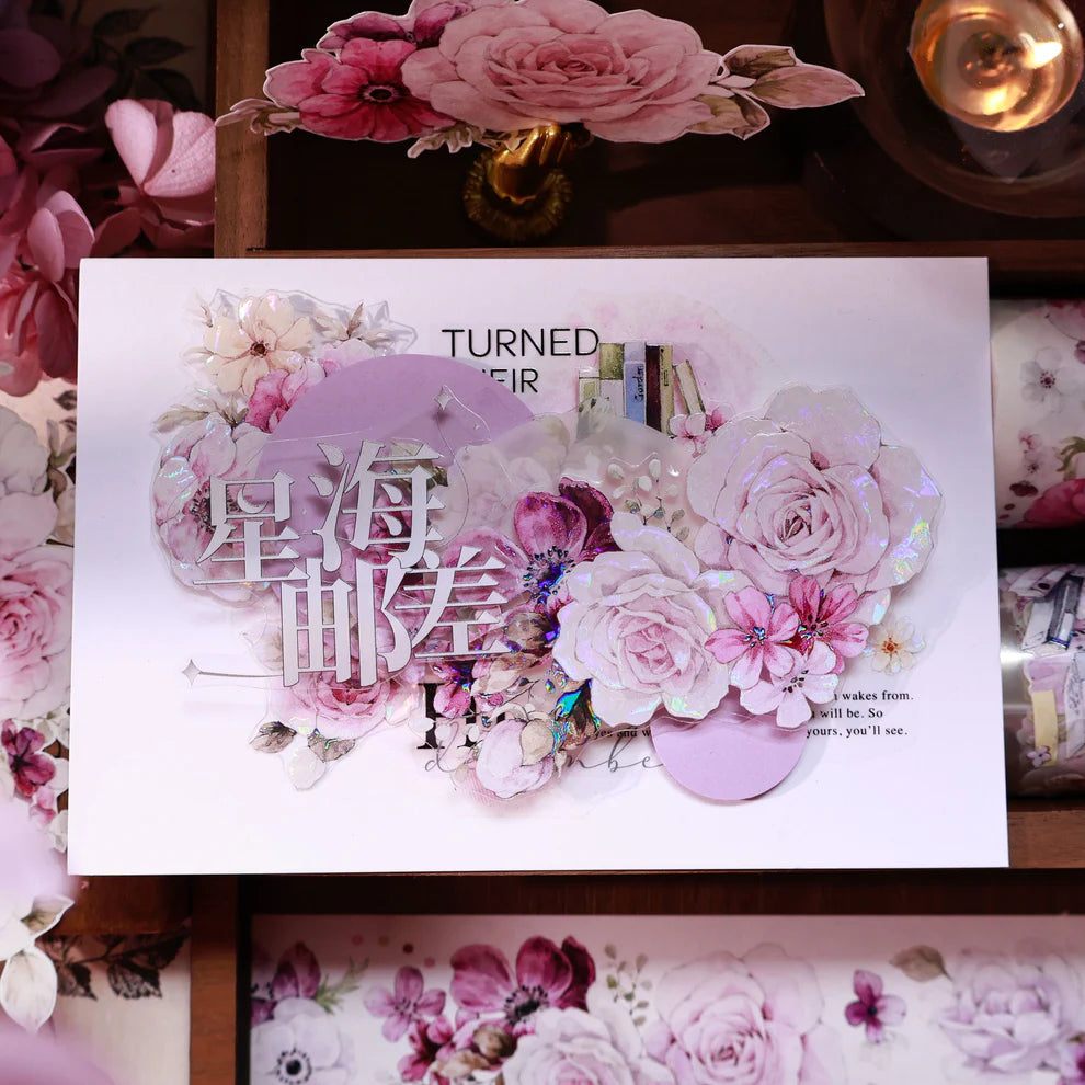 Floral-themed product with decorative text on a white background