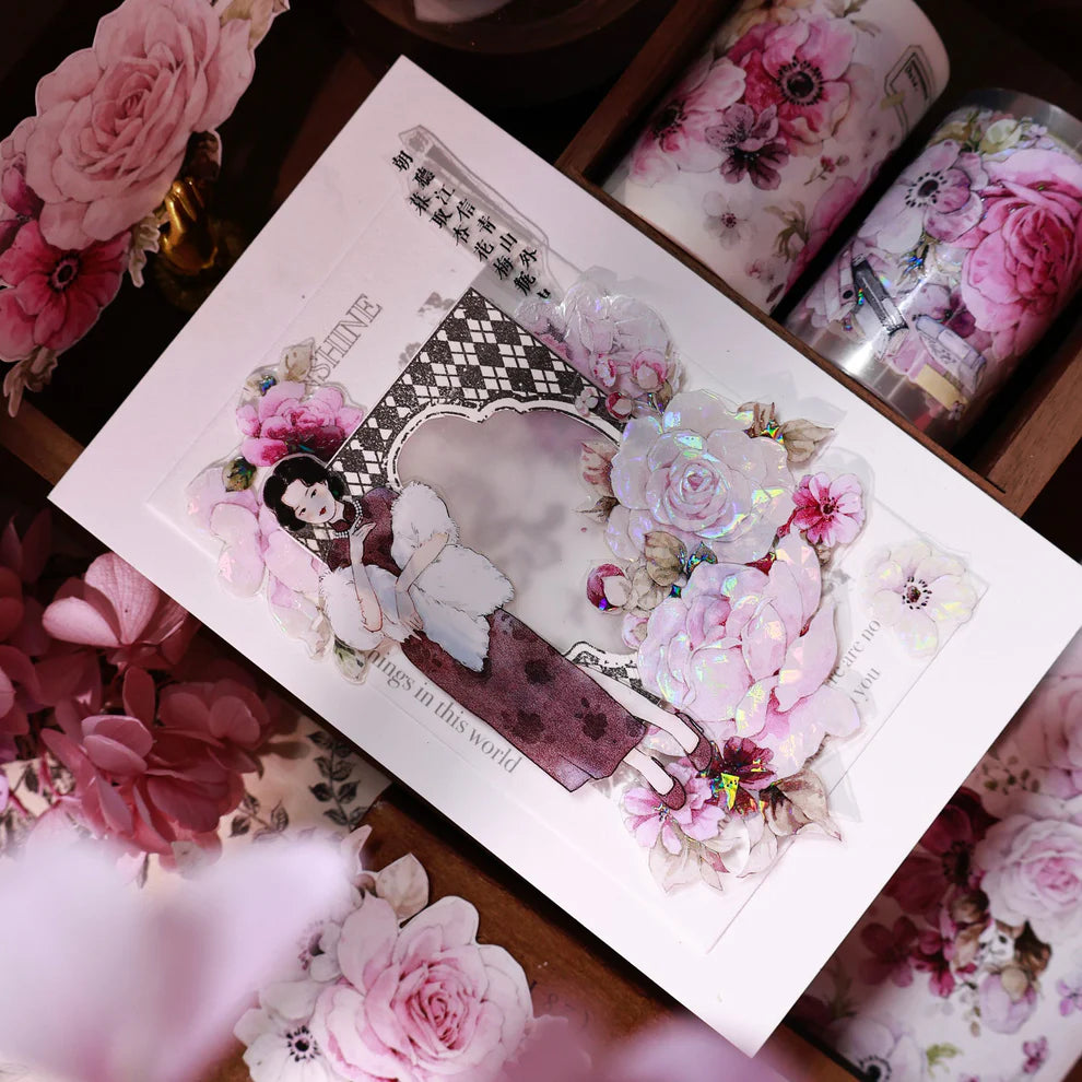 Decorative card with floral design and character illustration on a floral background