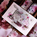 Decorative card with floral design and character illustration on a floral background