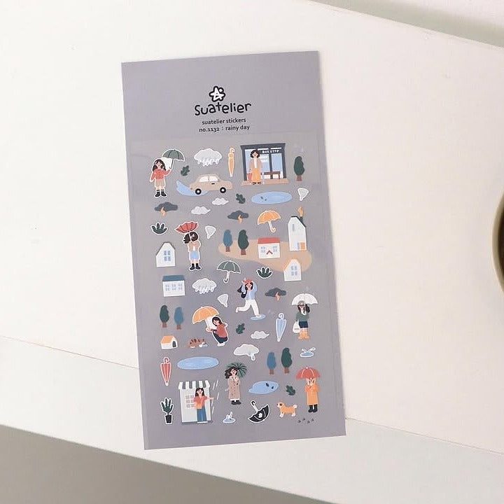 Rainy Day Sticker Sheet by Suatelier, illustrations on a grey background