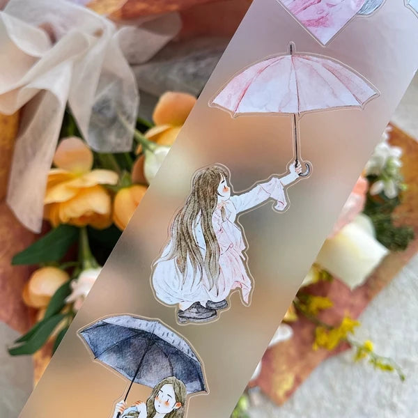 Rainy Days 53 PET Tape by DingDing — woman-with-umbrella PET tape strip on florals, for journaling