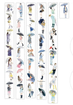 Rainy Days 53 PET Tape by DingDing — women in raincoats with umbrellas PET tape design sheet, for journaling