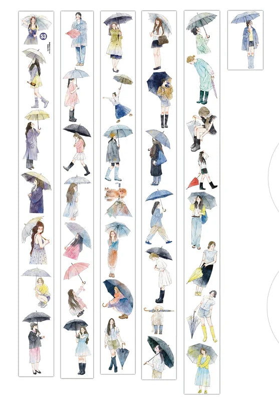Rainy Days 53 PET Tape by DingDing — women in raincoats with umbrellas PET tape design sheet, for journaling