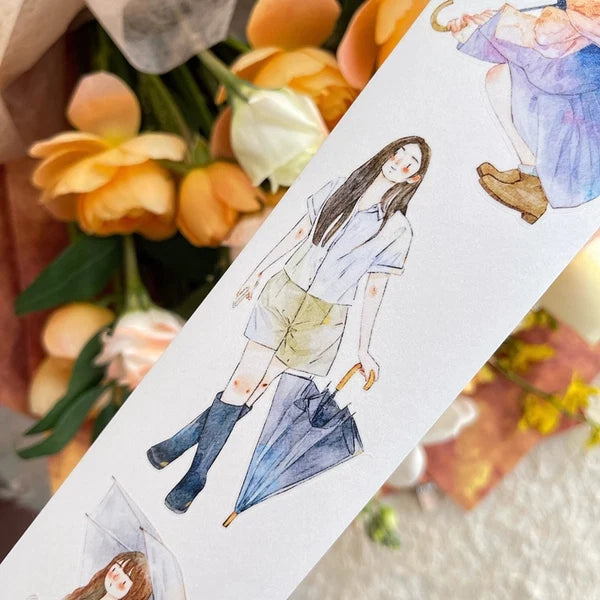 Rainy Days 53 PET Tape by DingDing — umbrella-girl PET tape design over flowers, for journaling